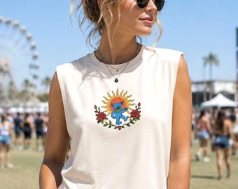 Vintage Festival Muskelshirt | Dankbar Toten Tee | Retro Bären-Grafik-Tank | Boho Sun Konzert Shirt | Sommer Musik Festival Outfit