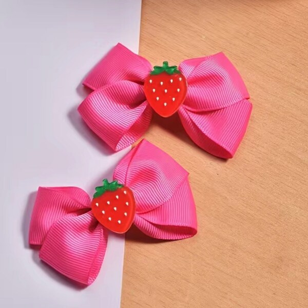 Baby Strawberry Bow/hair clip Dark pink 2pc