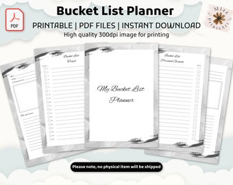 May include: A digital Bucket List Planner with the text "Bucket List Planner" and "My Bucket List Planner". The planner includes sections for travel and personal growth, with a PDF icon in the upper left corner. The image also includes the text "PRINTABLE | PDF FILES | INSTANT DOWNLOAD".