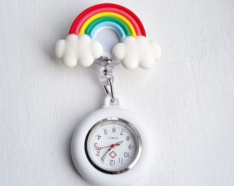 Rainbow Nurse Fob Watch, Retractable Clip-On Quartz Pocket Watch
