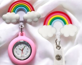 Zestaw Rainbow Fob Watch i brelok do identyfikatora: zwijany klips do identyfikatora pielęgniarki/weterynarza