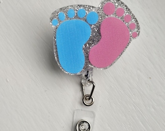 Baby Feet Glitter Badge Reel, Retractable ID Holder, Nurse Gift