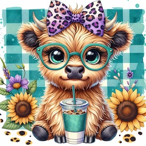 Highland Cow Clipart Bundle, Mousepad carino PNG, Vitello con file di sublimazione del caffè girasole Download digitale, Progetti fai da te, Journaling