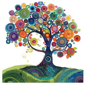 Pacchetto clipart albero eccentrico e vibrante, albero artistico colorato PNG, download digitale per scrapbooking, creazione di biglietti, arredamento della classe, lavorazione