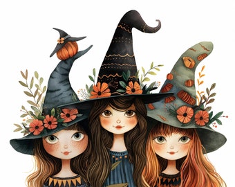 Halloween Witches Clipart, Floral PNG Graphics (Digital Download