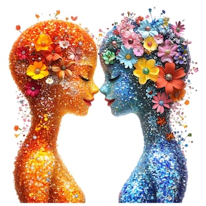 LGBTQ+ ラブ クリップアート バンドル、キラキラ フローラル シルエット、風変わりなプライド アート、抽象的なロマンチックな PNG、即時ダウンロード、昇華、DIY クラフト