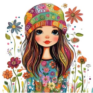 Lot de 15 cliparts fille florale mignonne - art fantaisiste original, éphémères fantaisistes, aquarelle PNG, journal indésirable, travaux manuels, agenda de poupée mignonne