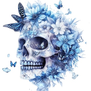 Pacchetto clipart teschio floreale blu di Halloween, disegni di sublimazione a download istantaneo per artigianato e decorazioni fai da te, sfondo PNG trasparente