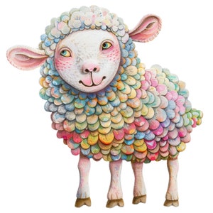 Op de afbeelding: Een wit schaap met een kleurrijke, gepatroneerde vacht. Het schaap heeft een roze neus en roze oren. Het schaap staat op een witte achtergrond.