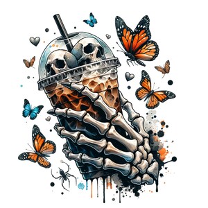 13 Skeleton Coffee Halloween PNG ClipArt Bundle, Design a sublimazione della stagione spettrale, Clip art autunnale alla moda, Clipart di caffè ghiacciato e teschi