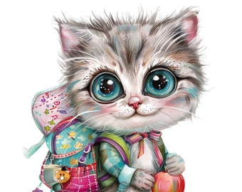 Adorable Kitten Back to School Clipart Pack - Instant Download Sublimation Design, Journaling, DIY Projects and Crafts, Nursery Deco. 10 PNG