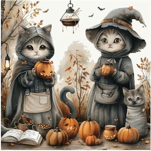 Bundle de cliparts d'Halloween de base de cottage effrayant chats vintage, citrouilles, fleurs d'automne, JPEG, sweat-shirts confortables, chemises, tasses