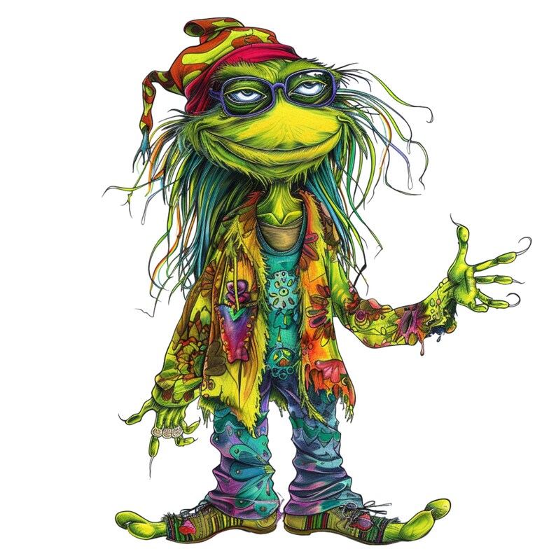 Whimsical Stoner Hippie Grinch Clipart Set - Quirky Digital Art for Sublimation and Instant Download, 13 PNG files