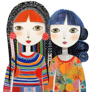 19 Boho Girls Portrait Clipart Bundle, illustrazioni PNG uniche in stile folk art vibrante, download digitale, artigianato fai da te e journaling