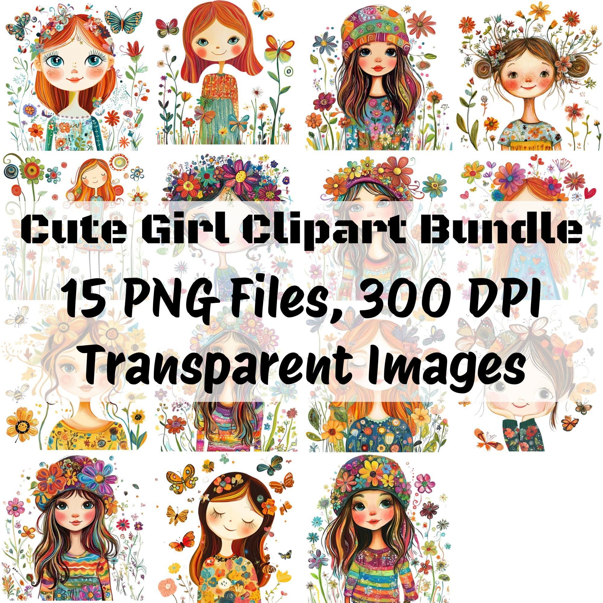 Floral Girl Clipart Bundle: Whimsical Watercolor PNG (digital Download ...