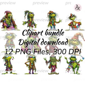 Whimsical Stoner Hippie Grinch Clipart Set - Quirky Digital Art for Sublimation and Instant Download, 13 PNG files