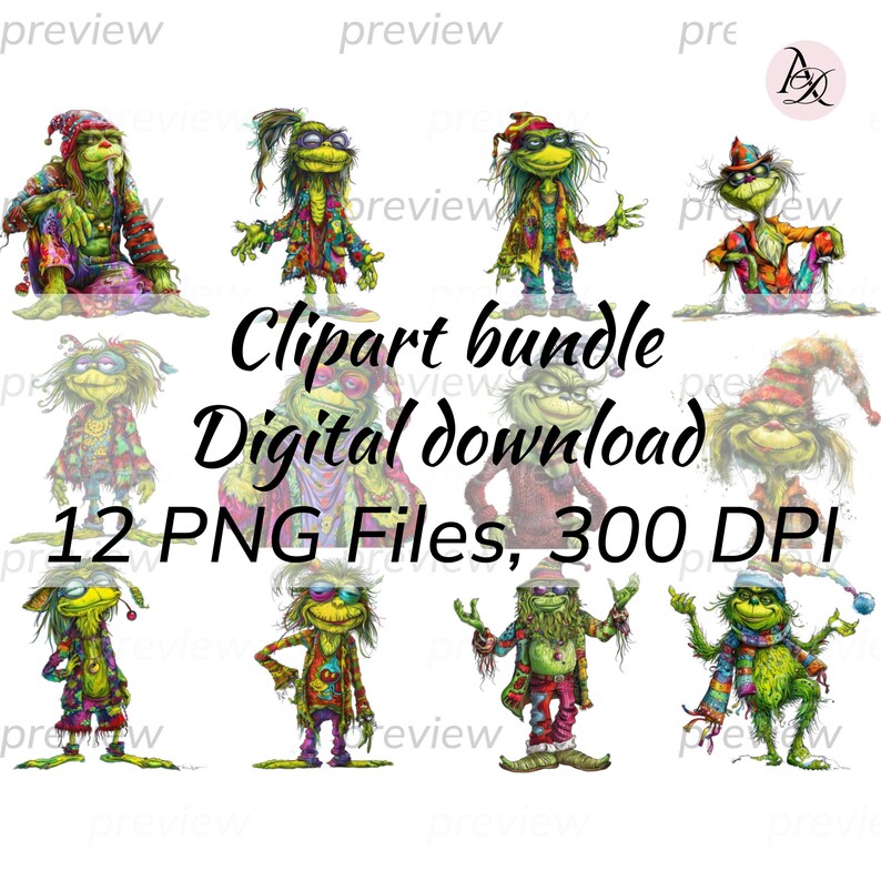 Whimsical Stoner Hippie Grinch Clipart Set - Quirky Digital Art for Sublimation and Instant Download, 13 PNG files