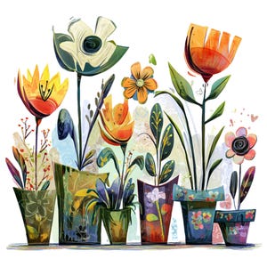 Whimsical Flower Pot Clipart Bundle: Colorful Floral PNG Graphics (Digital Download)