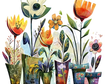 Whimsical Flower Pot Clipart Bundle: Colorful Floral PNG Graphics (Digital Download)