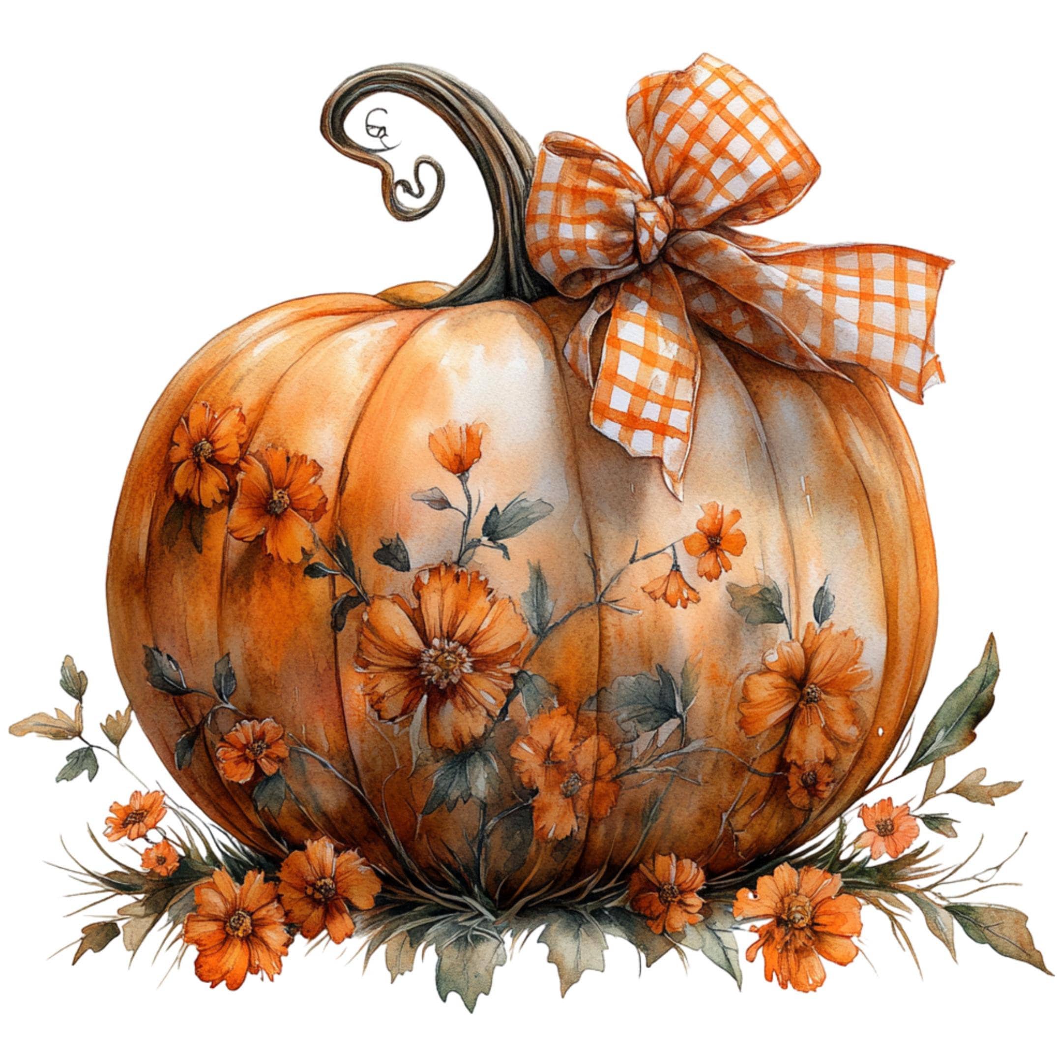 Floral Pumpkin Clipart: Watercolor Fall Sublimation Design (PNG Digital ...