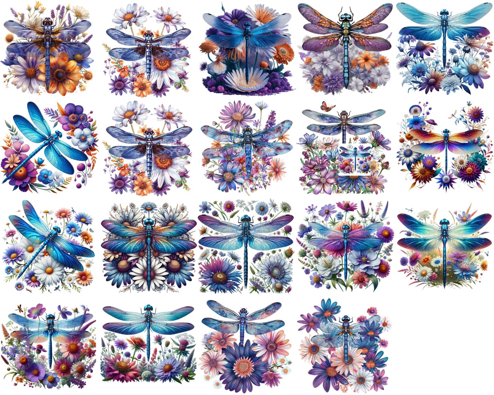 Watercolor Dragonfly Floral Clipart Bundle: Insect PNG Sublimations ...