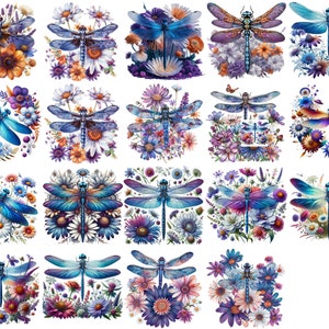 Watercolor Dragonfly Floral Clipart Bundle: Insect PNG Sublimations ...