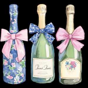 Watercolor Champagne Bottles Clipart: Coquette Bows, Preppy PNG (Digital Download)