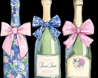 Watercolor Champagne Bottles Clipart: Coquette Bows, Preppy PNG (Digital Download)
