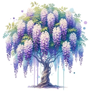 Beautiful Wisteria Tree Illustrations in Watercolor Style - Artistic Clipart Collection for Sublimation and Design Projects