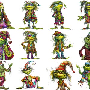 Whimsical Stoner Hippie Grinch Clipart Set - Quirky Digital Art for Sublimation and Instant Download, 13 PNG files