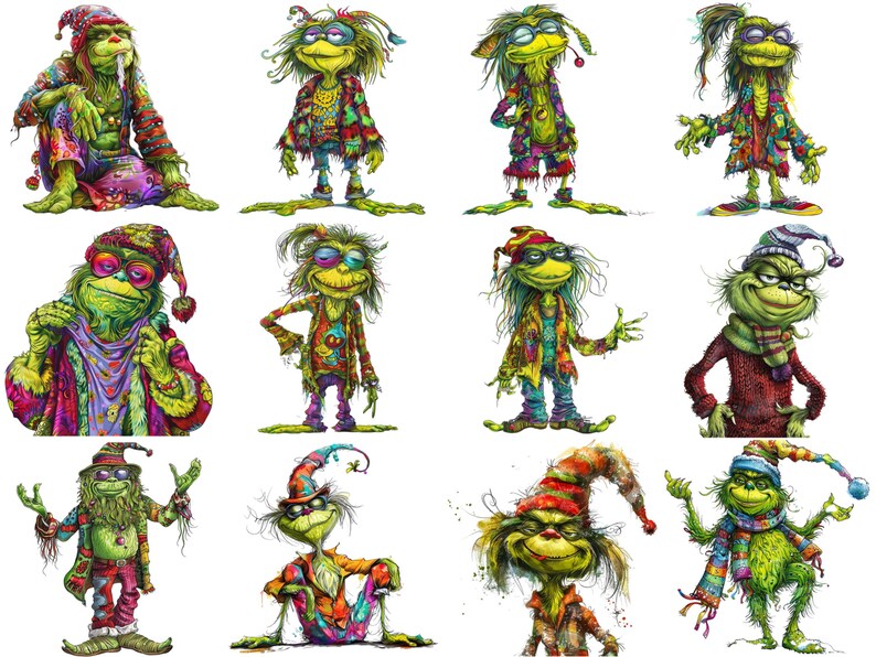 Whimsical Stoner Hippie Grinch Clipart Set - Quirky Digital Art for Sublimation and Instant Download, 13 PNG files