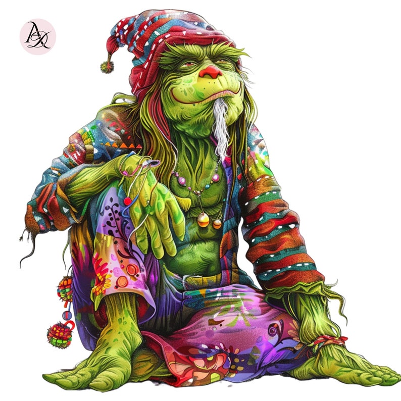 Whimsical Stoner Hippie Grinch Clipart Set - Quirky Digital Art for Sublimation and Instant Download, 13 PNG files