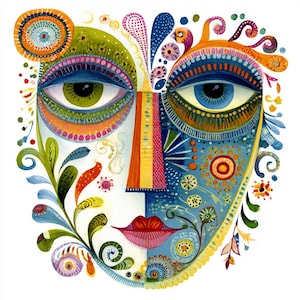 May include: A vibrant, abstract face illustration with a whimsical design. The artwork features a split face with one side green and the other blue, adorned with floral and geometric patterns. The eyes are different colours, and the lips are red.