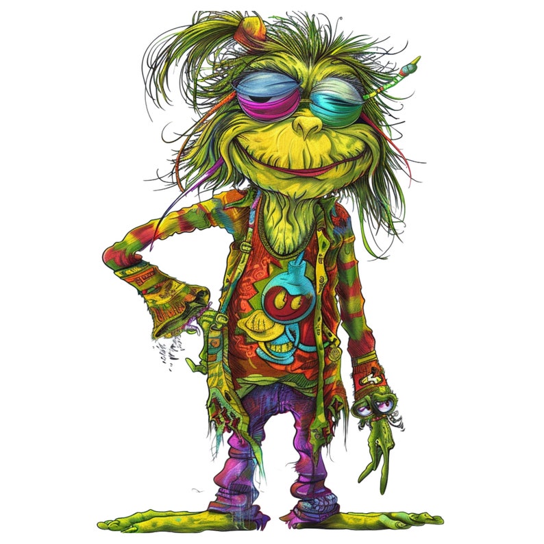 Whimsical Stoner Hippie Grinch Clipart Set - Quirky Digital Art for Sublimation and Instant Download, 13 PNG files