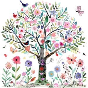 Lot de 9 cliparts arbre printanier fantaisiste avec fleurs colorées, papillons et oiseaux, téléchargement immédiat pour sublimation, créations DIY PNG
