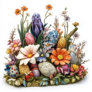 24 Lebendige Blumen und Ostern Clipart Sammlung, skurrile Designs, Frühlingsfeiern, Sofort Downloads, DIY Handwerk PNG, Journaling
