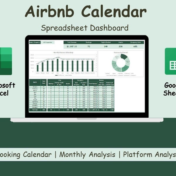 Airbnb Booking Calendar | Vrbo | Vacation Rental Tracker | Airbnb Tracker | Airbnb Management | Booking Spreadsheet | Excel & Google Sheets