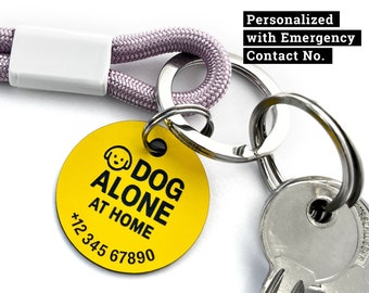 Key chain with personal emergency contact number for dog alone at home. SOS – ICE. Dog identification tag. ID badge