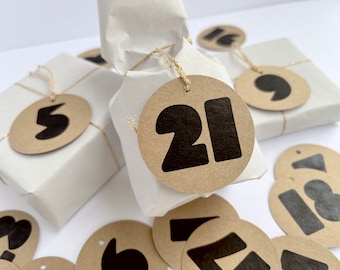 Adventskalender nummerhangers 1-24, minimalistisch design, voor zelfgemaakte kerstkalender, kraftpapier