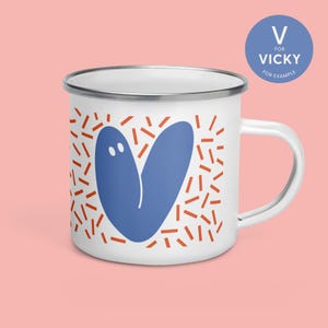 Taza Personalizada Esmalte Azul Rojo - Carta Monstruo - Taza robusta perfecta para viajes de aventura en camping por carretera