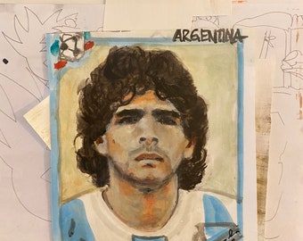 Pintura acrílica de artista independiente IMPRESIÓN TAMAÑO CARTA 250G Papel ”Maradona 86”