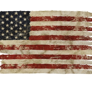 May include: A distressed, faded American flag with red and white stripes and a field of blue stars. The flag is tattered and worn, with some of the stripes and stars missing.