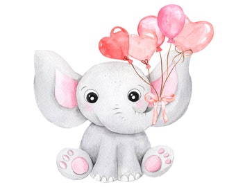 Lindo elefante clipart, acuarela bebé niña elefante ilustración, lindo elefante con globos, elefante de guardería, rosa, elefante bebé PNG