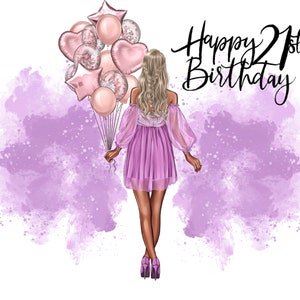 Feliz 21º Aniversário Cabelo Loiro Roxo Balões Rosa Clipart PNG, Arquivos Digitais