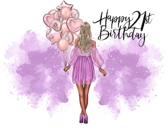 Happy 21st Birthday Blonde Hair Purple Pink Balloons Clipart PNG, Digital Files