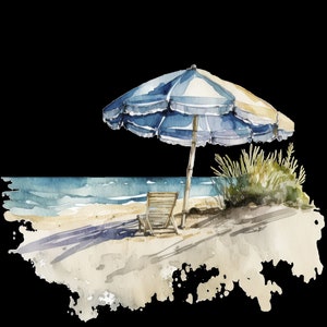 May include: A watercolor painting of a beach scene with a blue and white striped umbrella, a wooden chair, and green bushes. The beach is sandy and the ocean is blue.