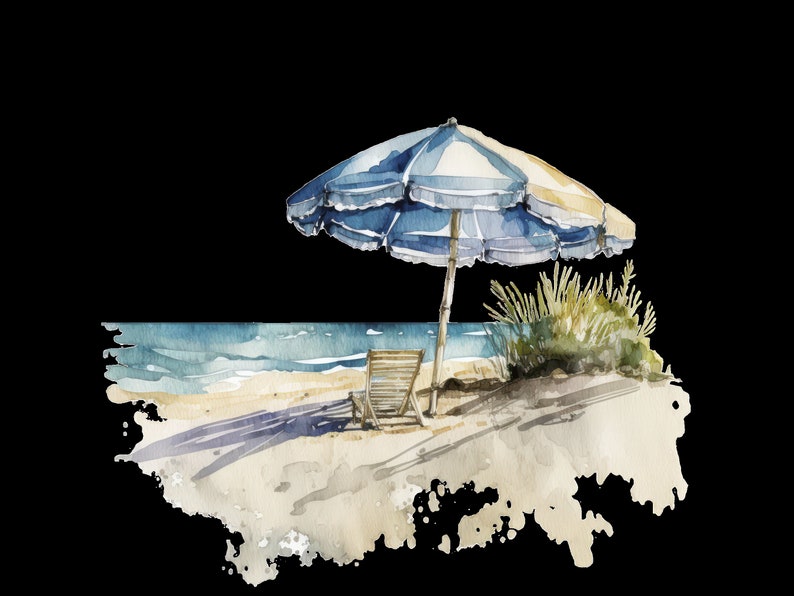 May include: A watercolor painting of a beach scene with a blue and white striped umbrella, a wooden chair, and green bushes. The beach is sandy and the ocean is blue.