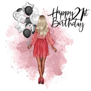 Happy 21st Birthday Blonde Haare Schwarz Silber Ballons Clipart PNG, Digital Files