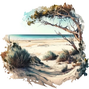 May include: A watercolor painting of a beach scene with a tree in the foreground. The tree has brown branches and green leaves. The beach is sandy and the ocean is blue. The painting has a soft, dreamy feel.