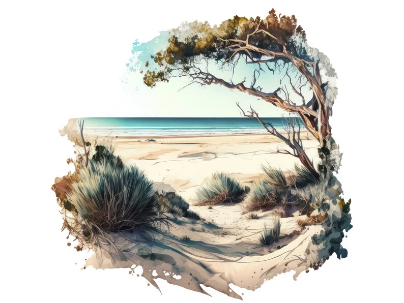 May include: A watercolor painting of a beach scene with a tree in the foreground. The tree has brown branches and green leaves. The beach is sandy and the ocean is blue. The painting has a soft, dreamy feel.